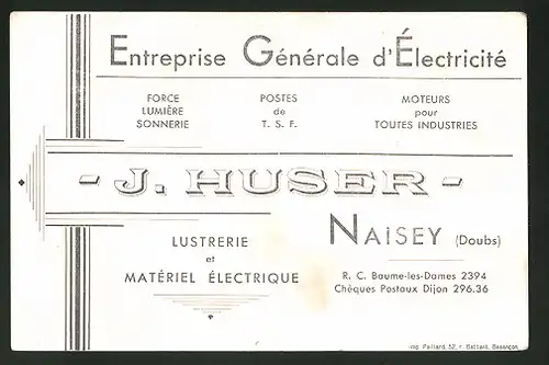 Vertreterkarte Naisey, J. Huser, Entreprise Générale d`Électricité