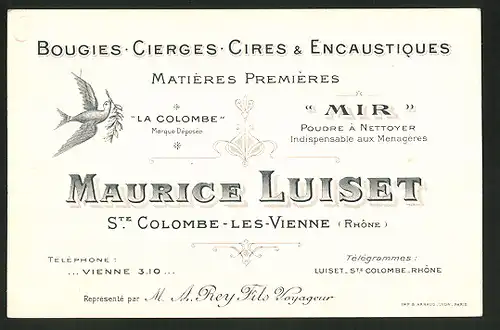 Vertreterkarte St. Colombe-les-Vienne, Maurice Luiset, Bougies, Cierges, Cires & Encaustiques, Mati?eres Premières