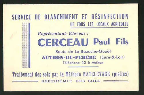 Vertreterkarte Authon-du-Perche, Cerceau Paul Fils, Service de Blanchiment et Dsssinfection de tous les locaux Agricoles