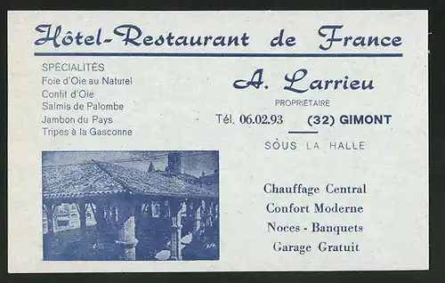 Vertreterkarte Gimont, Hotel-Restaurant de France, A. Larrieu