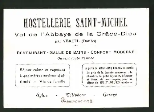 Vertreterkarte Vercel, Hostellerie Saint-Michel, Val de l`abbaye de la Grâce-Dieu, Restaurant, Salle de Bains