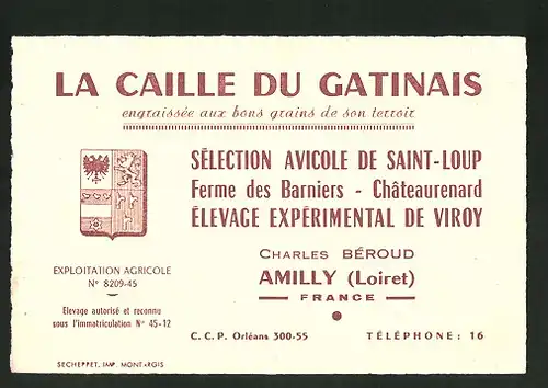 Vertreterkarte Amilly, Charles Béroud, La Caille du Gatinais, S'lection Avicole de Saint-loup