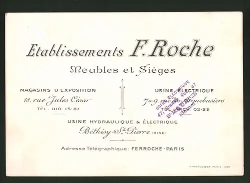 Vertreterkarte Béthisy-Saint-Pierre, Etablissements F. Roche, Meubles et Sieges, Usine Electrique