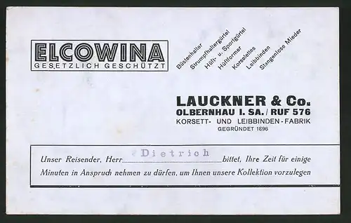 Vertreterkarte Olbernhau i. Sa., Lauckner & Co., Korsett- und Leibbinden-Fabrik, Elecowina