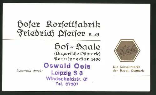 Vertreterkarte Hod-Saale, Hofer Korsettfabrik Friedrich Pfeifer K. G., Hokofa