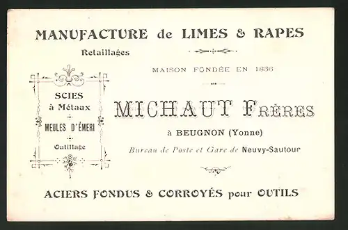 Vertreterkarte Geugnon, Michaut Freres, Manufacture de Limes & Rapes, Aciers Fondus & Corroyes pour Outils