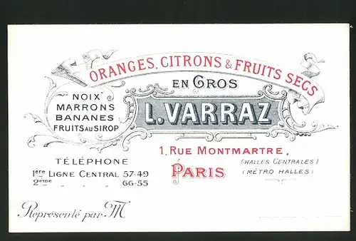 Vertreterkarte Paris, Oranges, Citrons & Fruits Secs, L. Varraz, Noic Marrons, Bananes, Fruits au Sirop
