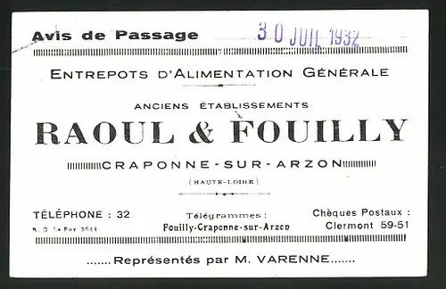 Vertreterkarte Craponne-sur-Arzon, Raoul & Fouilly, entrepots d`Alimnetation Générale