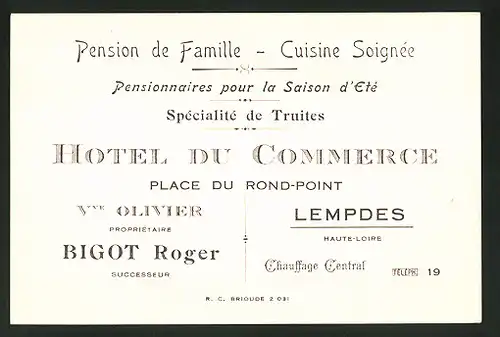 Vertreterkarte Lempdes, Hotel du Commerce, Vve. Olivier, Bigot Roger, Pension de Famille, Cuisine Soignée