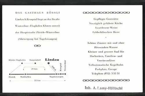 Vertreterkarte Lindau, Gasthaus Rössli, Speisesaal, Aussenfasade