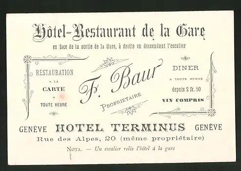 Vertreterkarte Geneve, Hotel Terminus von F. Baur, Hotel Restaurant de la Gare