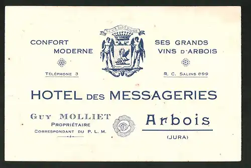 Vertreterkarte Arbois, Hotel des Messageries, Confort Moderne, Guy Molliet