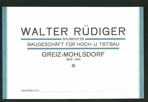 Vertreterkarte Greiz-Mohlsdorf, Baugeschäft für Hoch und Tiefbau Walter Rüdiger Baumeister