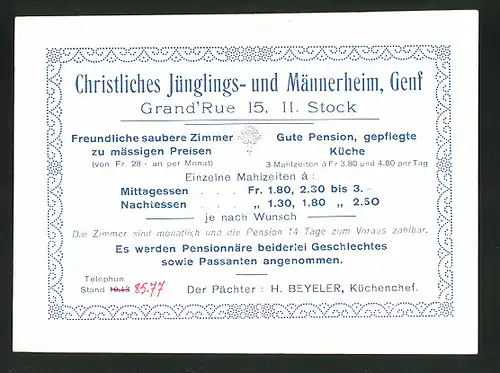 Vertreterkarte Genf, Christliches Jünglings- und Männerheim, Freundliche saubere Zimmer, H. Beyeler