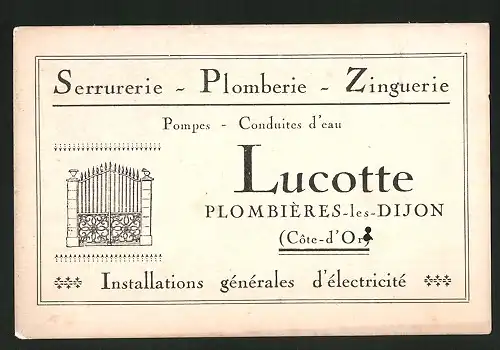 Vertreterkarte Plombières-les-Dijon, pompes Conduites d`eau Lucotte, Serrurerie, Plomberei, Zinguerie