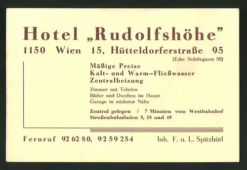 Vertreterkarte Wien, Hotel Rudolshöhe, Hütteldorferstr. 95, Bäder und Duschen