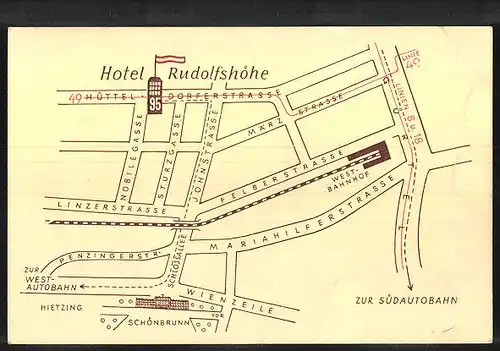 Vertreterkarte Wien, Hotel Rudolshöhe, Hütteldorferstr. 95, Bäder und Duschen