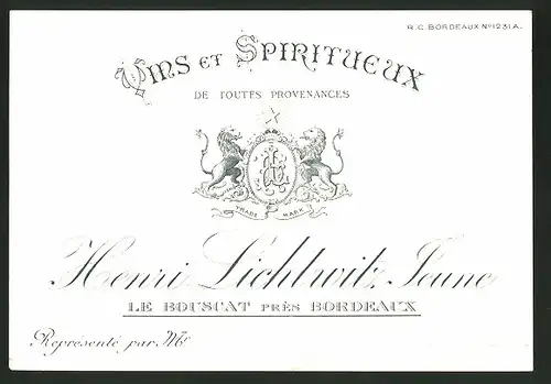 Vertreterkarte Le Bouscat, Vins et Spiritueux, Henri Lichtwitz Jeune