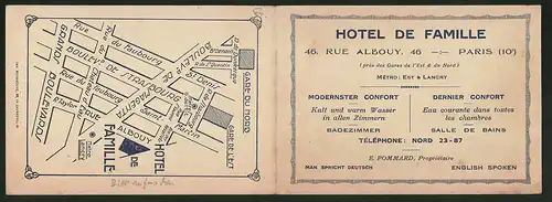 Vertreterkarte Paris, Hotel de Famille, Rue Albouy 46, Modernster Confort, mit Anfahrtsskizze