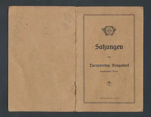 Satzungsheft Turnverein Rengsdorf e.V., 12 Seiten, Wappen Turnerbund