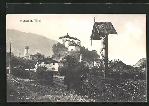 AK Kufstein, Ortspartie mit Jesuskreuz