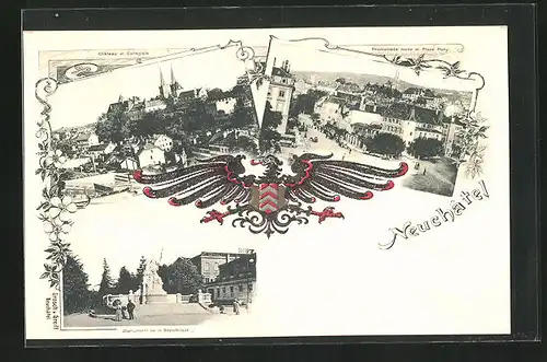 AK Neuchatel, Chateau et Collegiale, Promenade noire et Place Pury