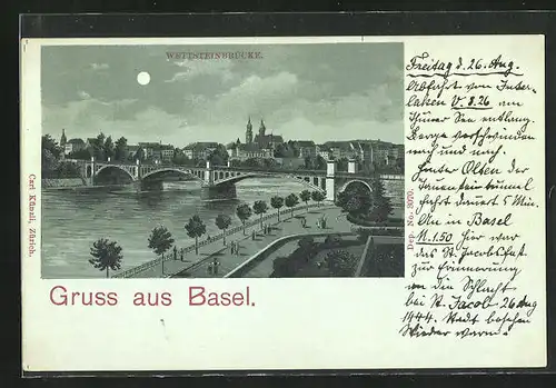Mondschein-Lithographie Basel, Wettsteinbrücke mit Rhein