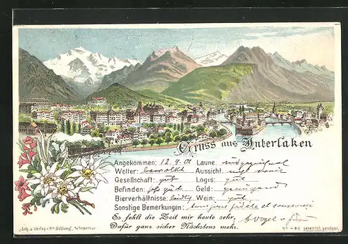 Lithographie Interlaken, Totalansicht mit Gebirgszug