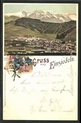 Lithographie Einsiedeln, Panoramablick auf Ort und Gebirge