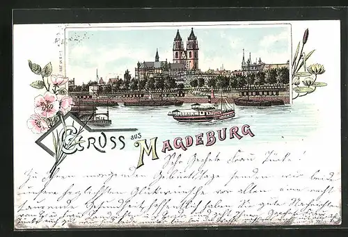 Lithographie Magdeburg, Teilansicht mit Booten