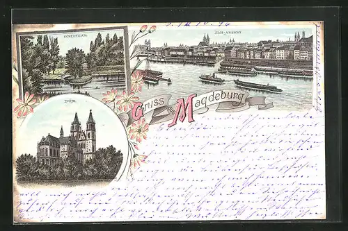 Lithographie Magdeburg, Dom, Inselteich, Elb-Ansicht mit Booten