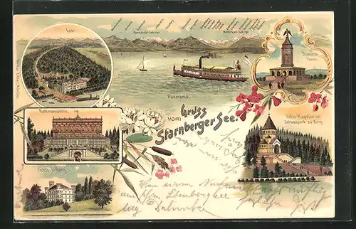 Lithographie Starnberg, Leoni, Rottmanshöhe, Bismarck-Turm