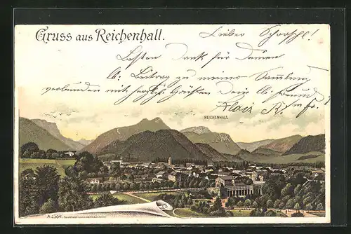 Lithographie Reichenhall, Teilansicht mit Bergen