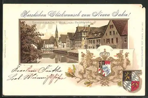 Passepartout-Lithographie Schwabach, Blick von der Fleischbrücke und Wappen