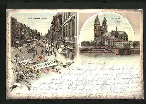 Lithographie Magdeburg, Der Dom Südseite, Der breite Weg