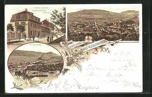 Lithographie Bad Kissingen, Totalansicht, Obere Saline Fürst Bismarck-Wohnung, Bodenlaube