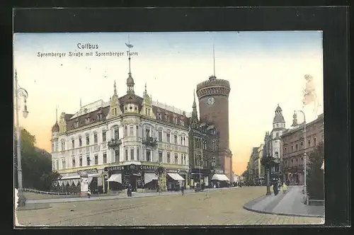AK Cottbus, Spremberger Strasse mit Geschäften und Spremberger Turm