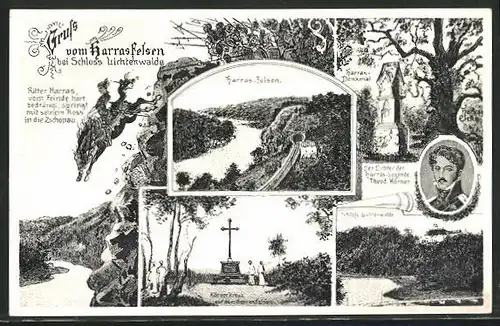 AK Niederwiesa, Harrasfelsen bei Schloss Lichtenwalde mit Szenen der Harrassage von Theodor Körner