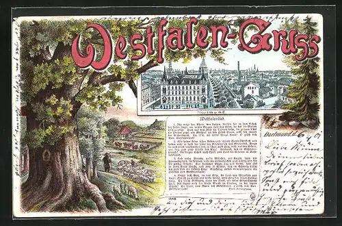 Lithographie Dortmund, Ortsansicht, Westfalenlied