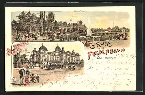 Lithographie Dortmund, Fredenbaum, Strassenbahn vor dem Hauptgebäude