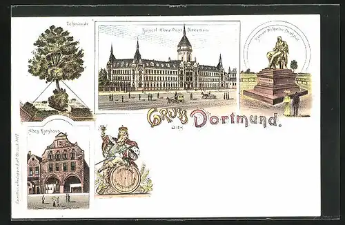 Lithographie Dortmund, Altes Rathaus, Kaiserl. Ober-Postdirektion