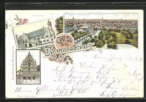 Lithographie Braunschweig, Gewandhaus, Ortsansicht, Dankwarderode