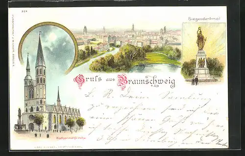 Lithographie Braunschweig, Siegesdenkmal, Katharinenkirche