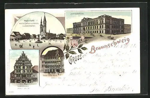 Lithographie Braunschweig, Hagenmarkt, Justitzgebäude, Gewandhaus