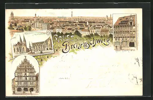 Lithographie Braunschweig, Gewandhaus, Rathaus, Ortsansicht