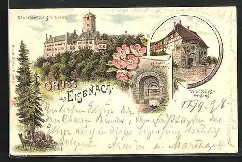 Lithographie Eisenach, Die Wartburg, Elisabeth-Brunnen