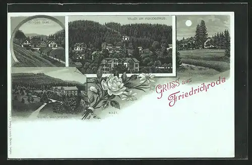 Mondschein-Lithographie Friedrichroda, Hotel Waldhaus, Villen am Herzogsweg