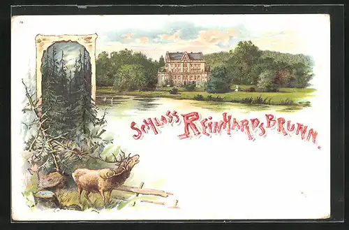 Lithographie Reinhardsbrunn, Aussenansicht Schloss mit Hirsch