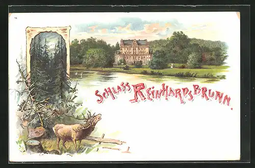 Lithographie Reinhardsbrunn, Aussenansicht Schloss mit Hirsch