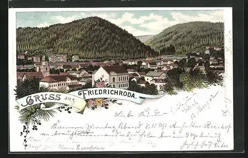 Lithographie Friedrichroda, Ortsansicht mit Bergen